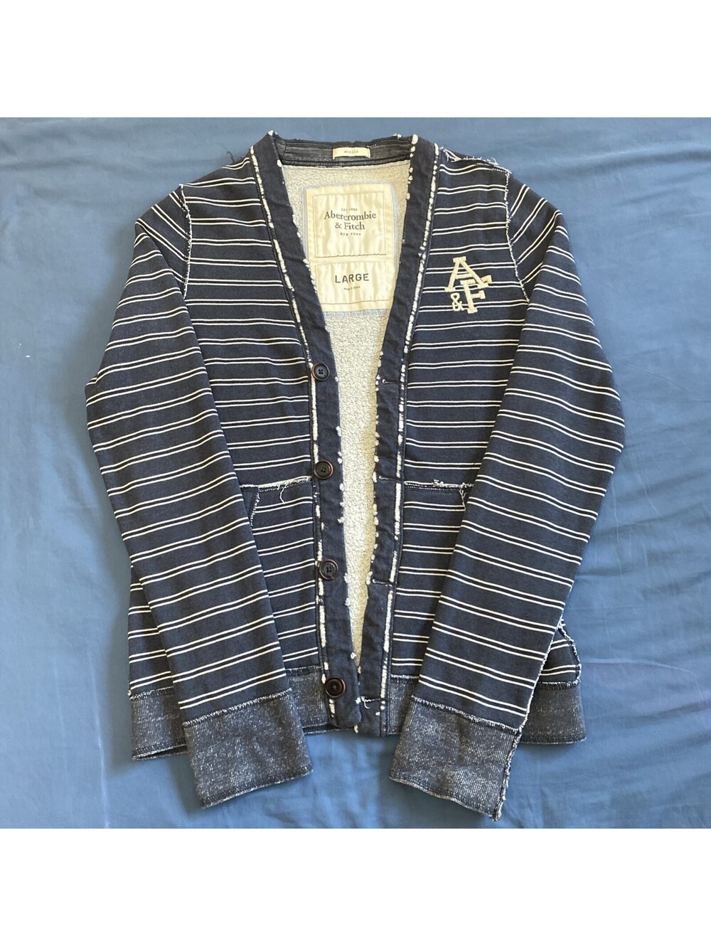 VTG Y2K Abercrombie Fitch Mens Muscle Large Sweater Button Cardigan Stripe Navy